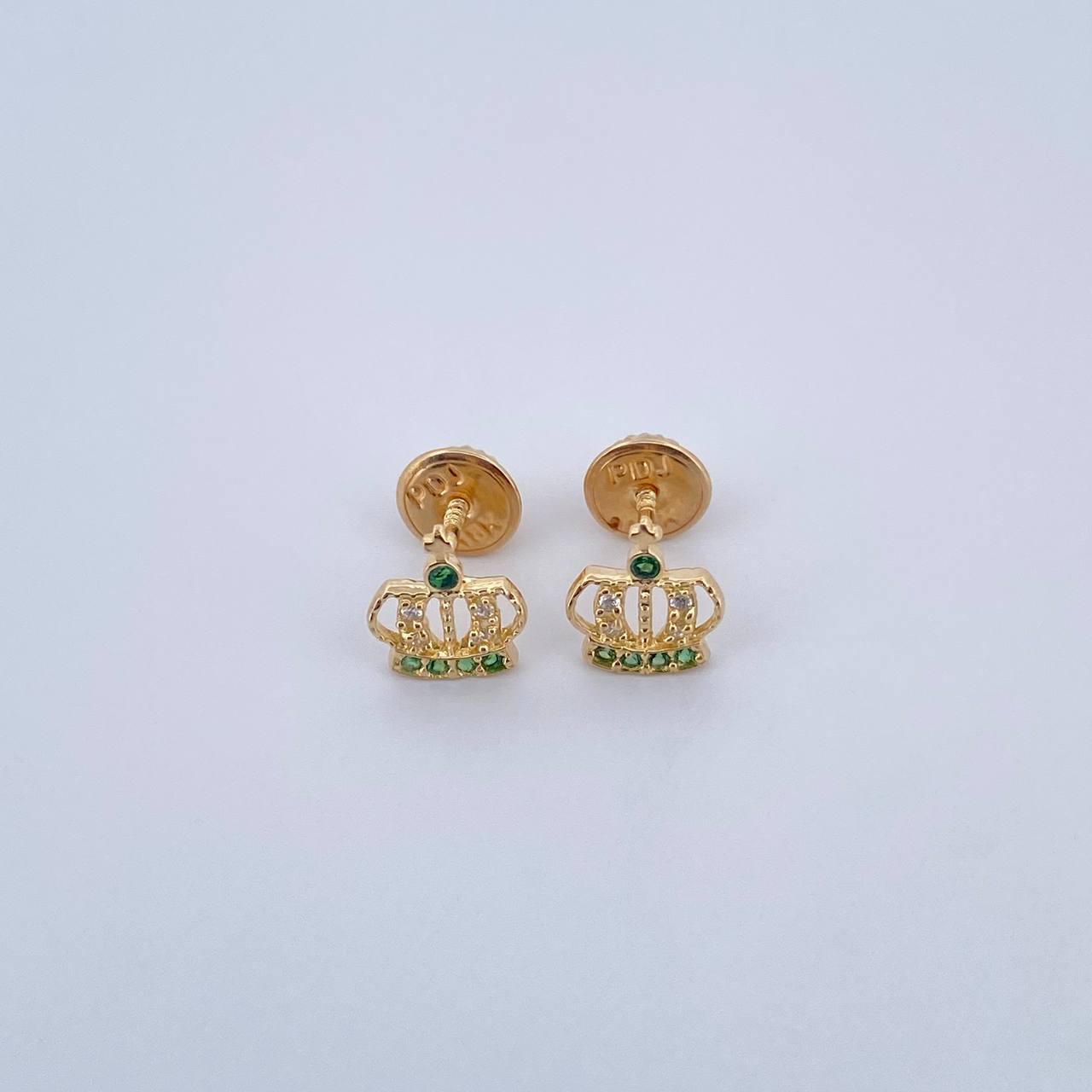 Stud Earrings Corona Real 0.85gr / White Green Zircons 18K Yellow Gold &