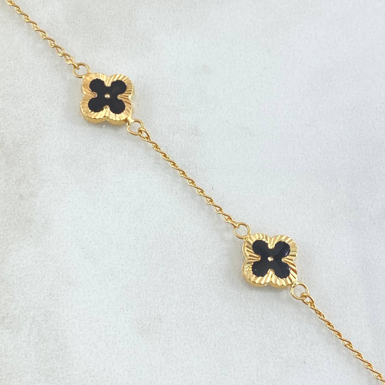 Bracelet Spike Flower Clover Diamond Cut 3.5gr / 17.5cm / 1.4mm Black Resin 4pcs Yellow Gold 18K