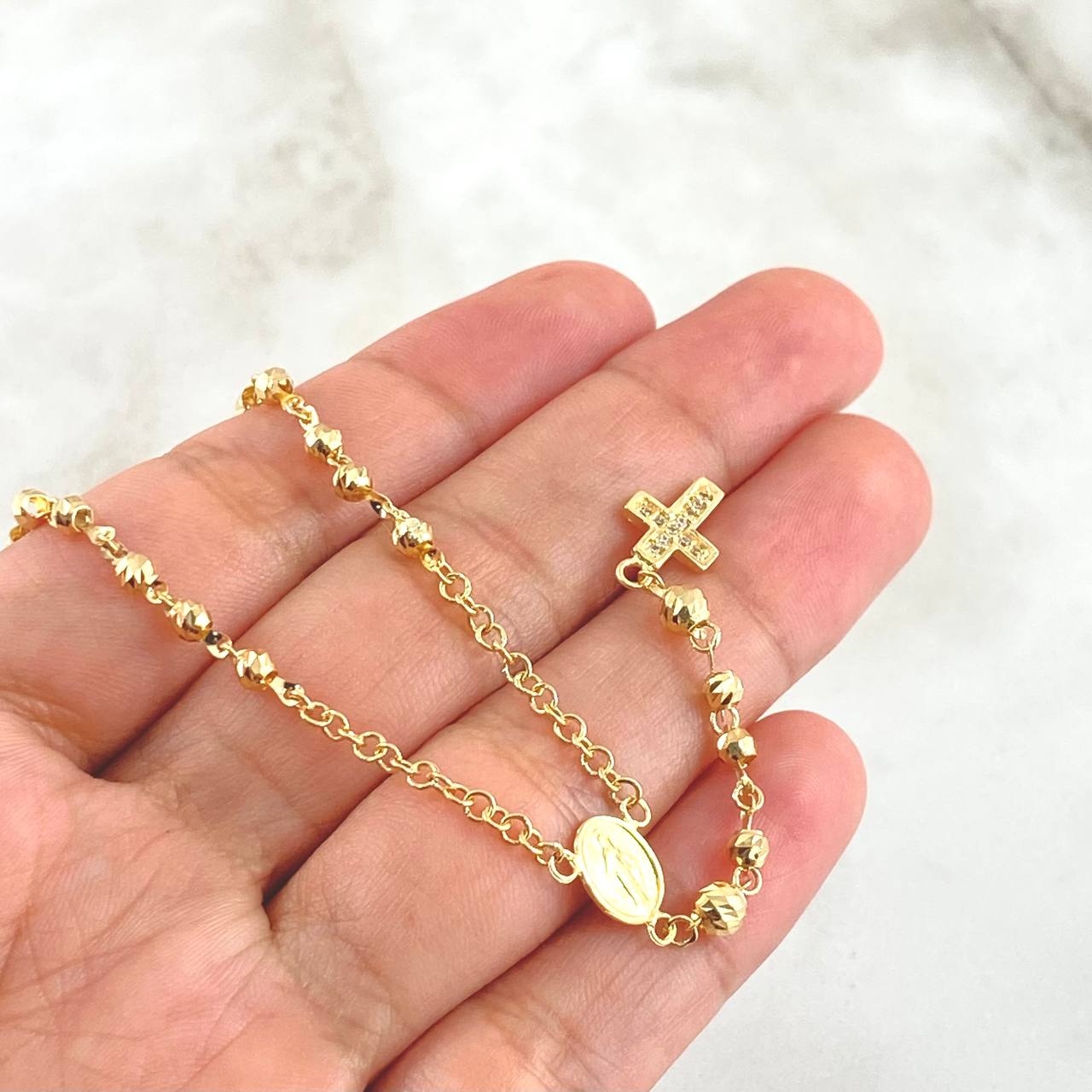 Rosario Virgen Milagrosa Cruz Marco 8.3gr / 55cm / 3mm-4mm Bolas Diamantadas Oro Amarillo 18K ©