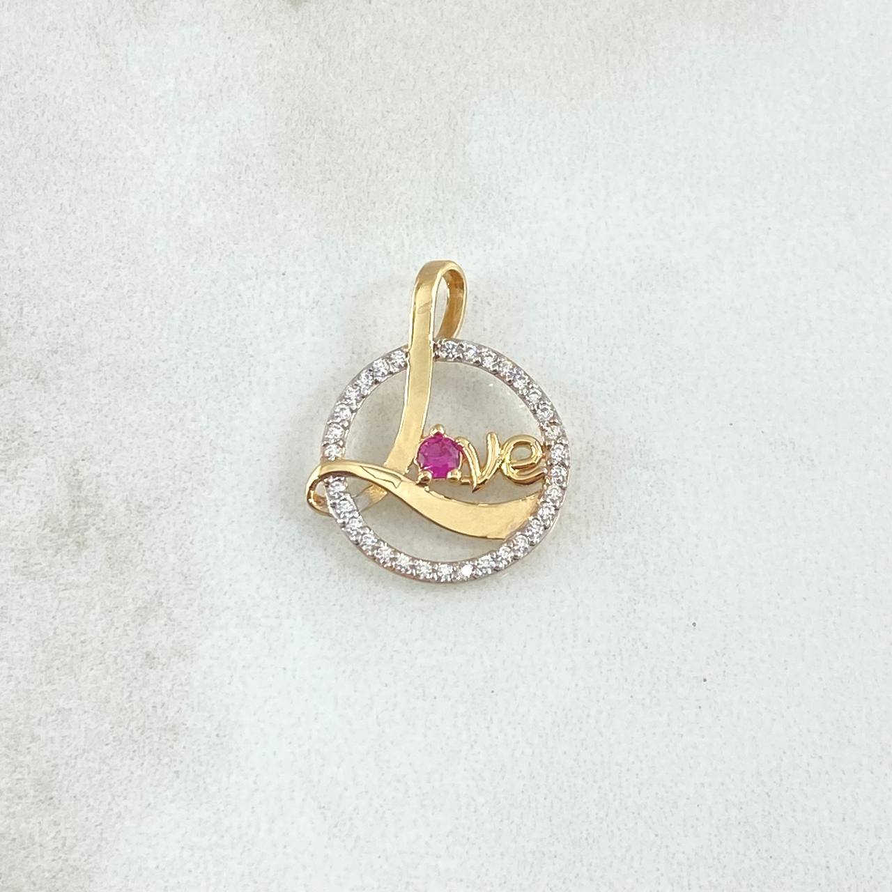 Dije LOVE en Circulo 1.25gr / 2cm / Circones Blancos Fucsia Oro Amarillo 18K *
