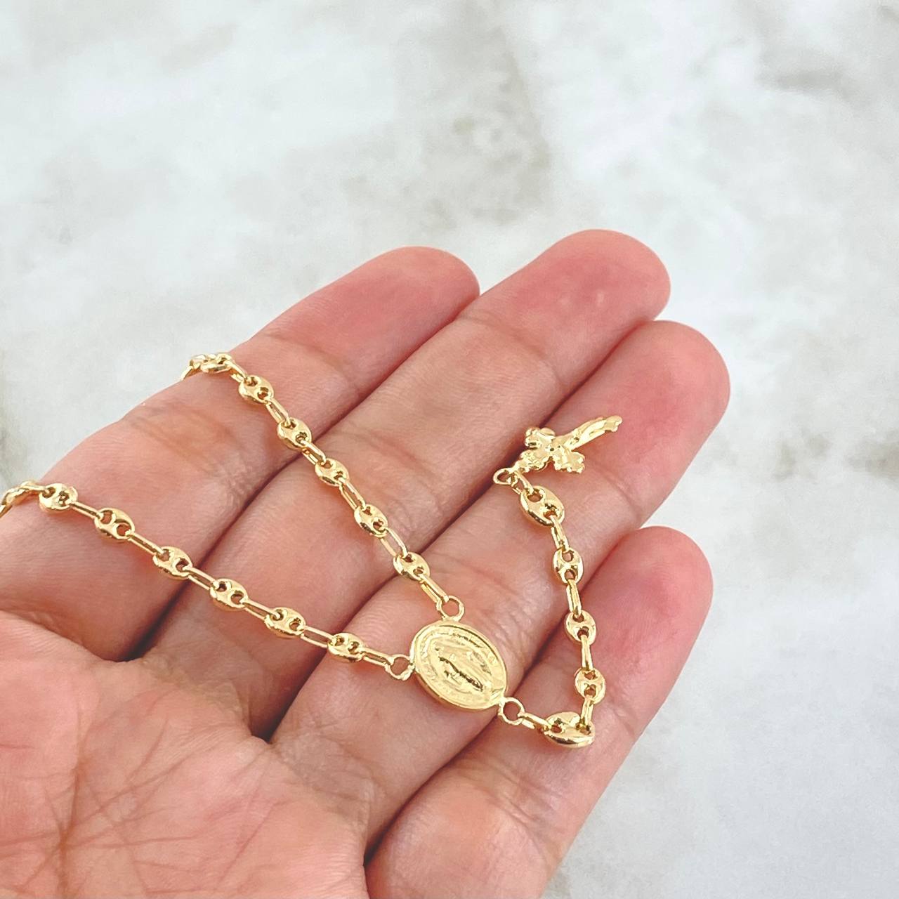 Rosario GC Virgen Milagrosa Cruz Tres Puntas 5.4gr / 50cm / 3mm-4mm Liso Oro Amarillo 18K *