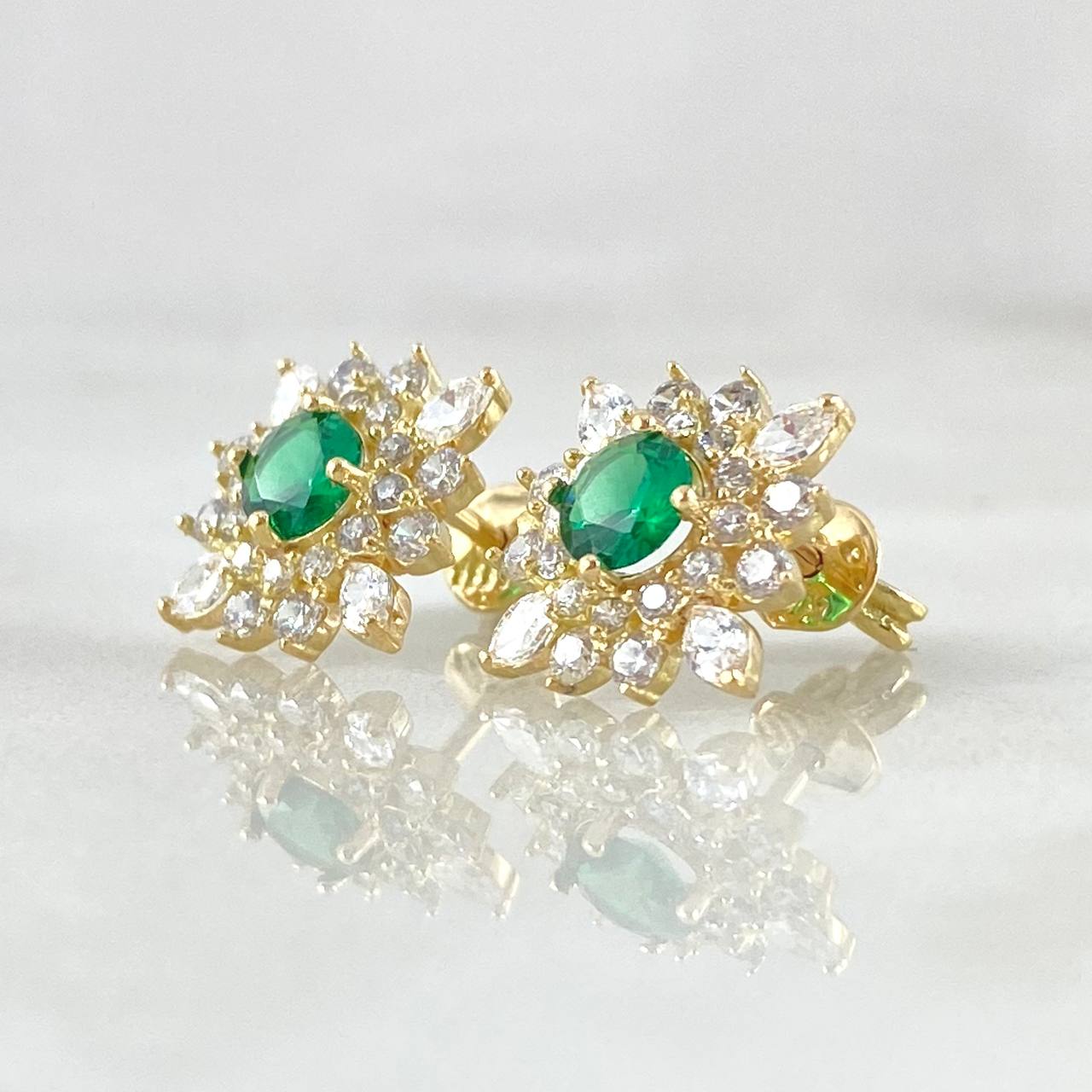 Star Flower Set - Stud Earrings 1.2cm - Pendant 2.1cm - Ring Size 7 6.15 - White Zircons Green Mother of Pearl Special 18K Gold ©