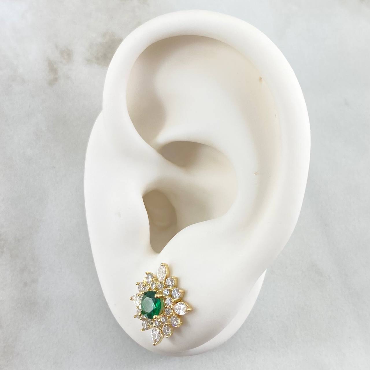Star Flower Set - Stud Earrings 1.2cm - Pendant 2.1cm - Ring Size 7 6.15 - White Zircons Green Mother of Pearl Special 18K Gold ©
