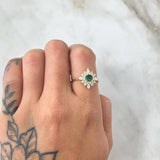 Star Flower Set - Stud Earrings 1.2cm - Pendant 2.1cm - Ring Size 7 6.15 - White Zircons Green Mother of Pearl Special 18K Gold ©