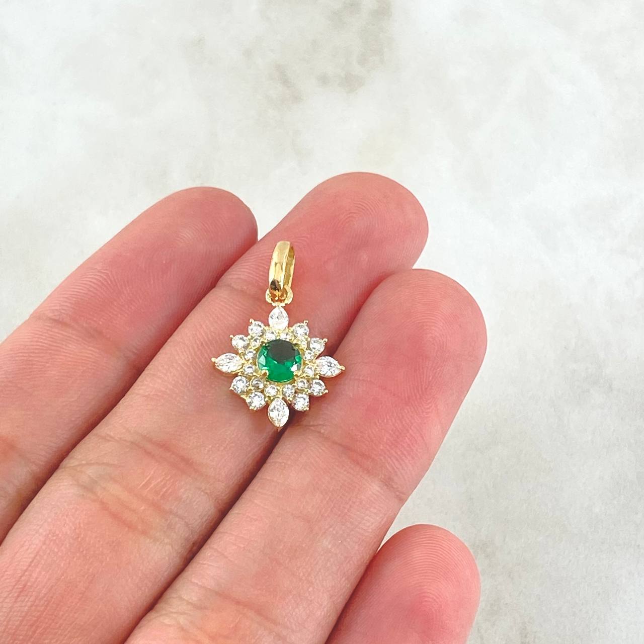 Star Flower Set - Stud Earrings 1.2cm - Pendant 2.1cm - Ring Size 7 6.15 - White Zircons Green Mother of Pearl Special 18K Gold ©