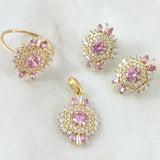 Nevada Hexagonal Set - Stud Earrings 1.7cm - Pendant 2.5cm - Ring Size 6 7.9 White Zirconia Pink Mother of Pearl Special 18K Gold ©