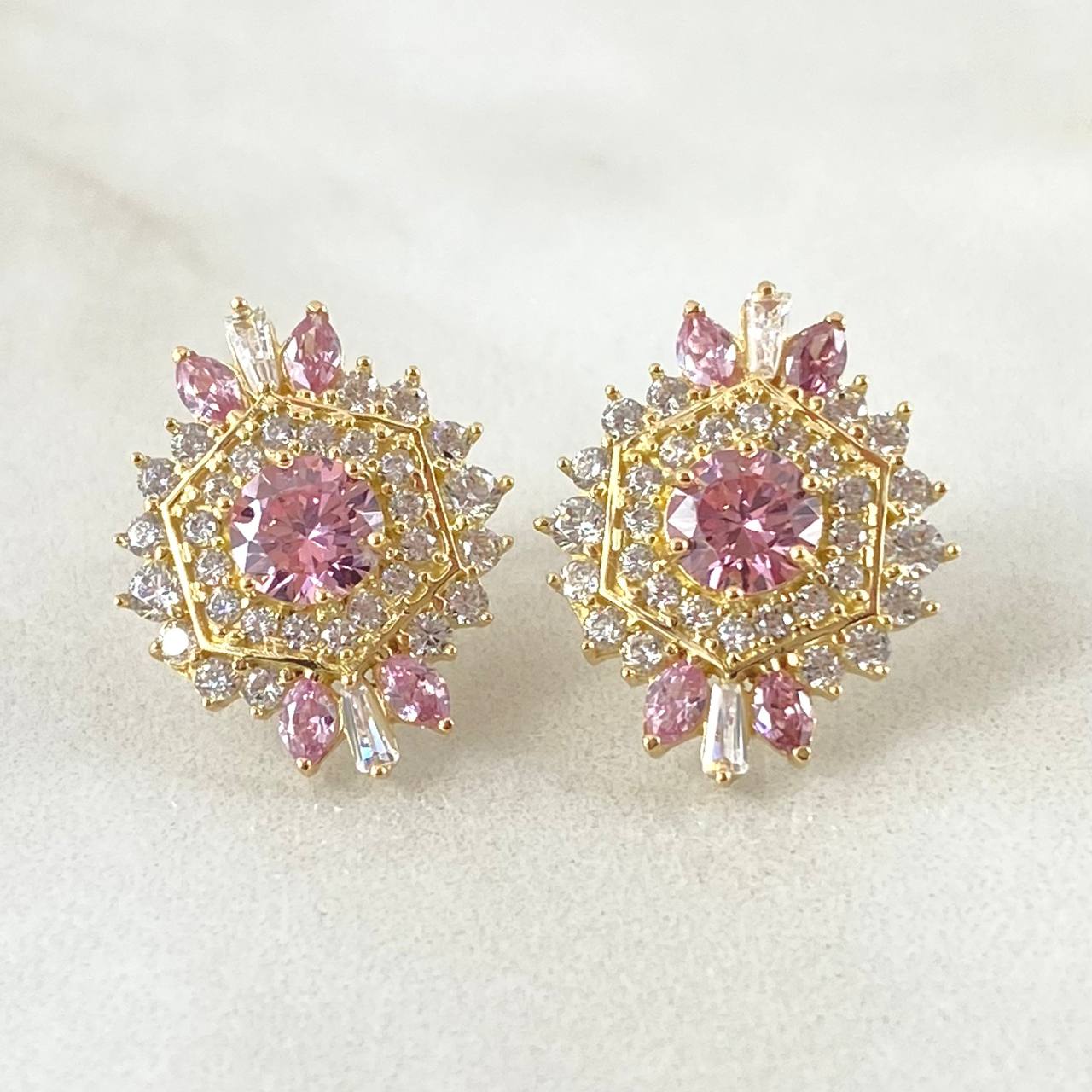 Nevada Hexagonal Set - Stud Earrings 1.7cm - Pendant 2.5cm - Ring Size 6 7.9 White Zirconia Pink Mother of Pearl Special 18K Gold ©
