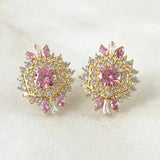 Nevada Hexagonal Set - Stud Earrings 1.7cm - Pendant 2.5cm - Ring Size 6 7.9 White Zirconia Pink Mother of Pearl Special 18K Gold ©