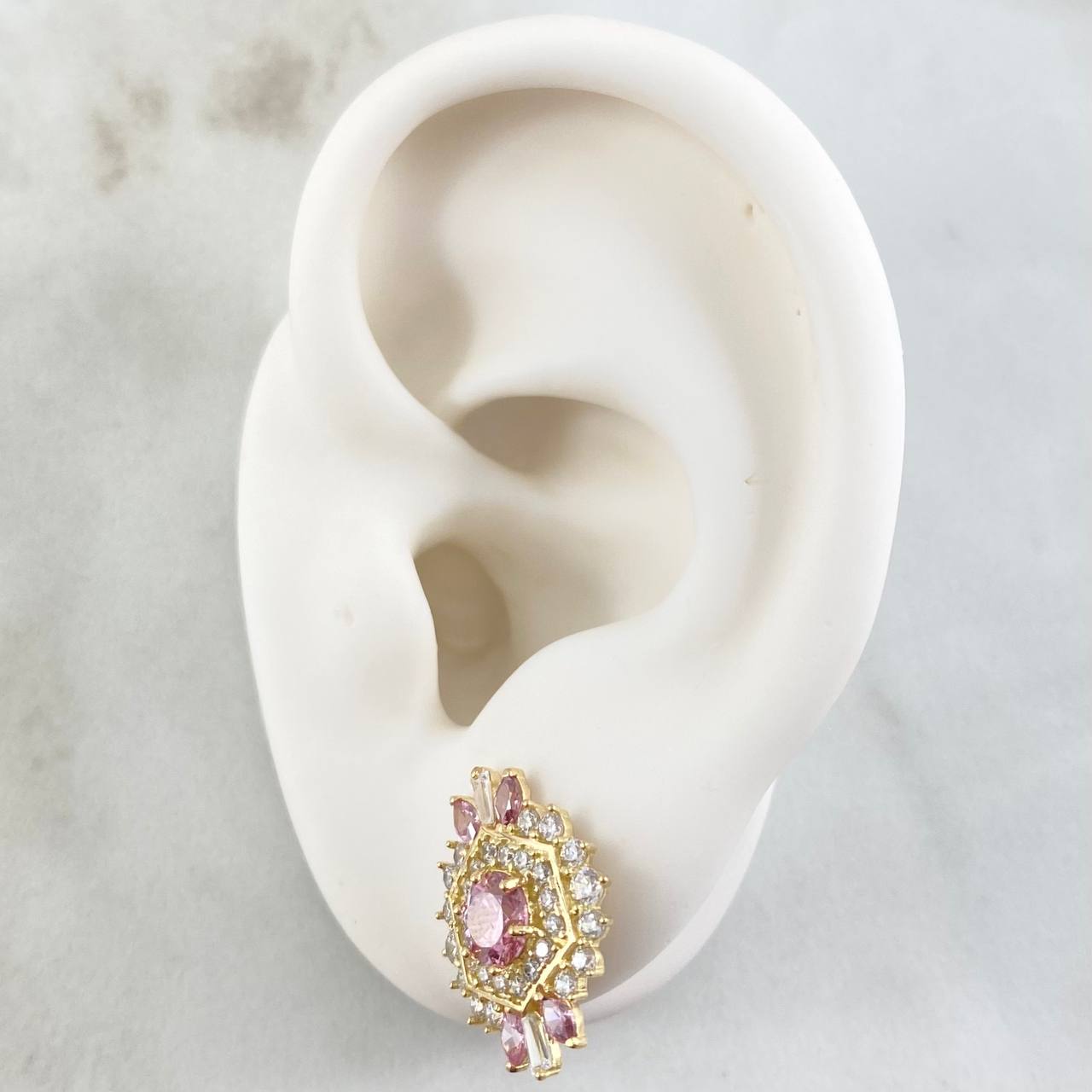 Nevada Hexagonal Set - Stud Earrings 1.7cm - Pendant 2.5cm - Ring Size 6 7.9 White Zirconia Pink Mother of Pearl Special 18K Gold ©