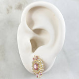 Nevada Hexagonal Set - Stud Earrings 1.7cm - Pendant 2.5cm - Ring Size 6 7.9 White Zirconia Pink Mother of Pearl Special 18K Gold ©