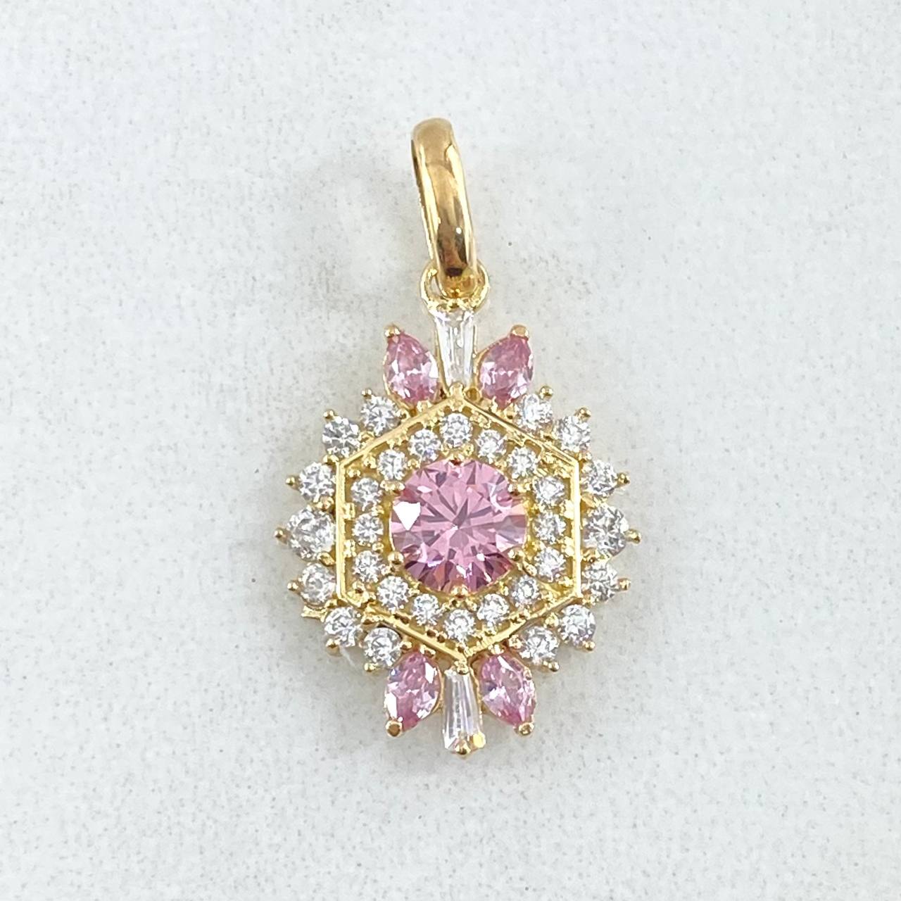 Nevada Hexagonal Set - Stud Earrings 1.7cm - Pendant 2.5cm - Ring Size 6 7.9 White Zirconia Pink Mother of Pearl Special 18K Gold ©