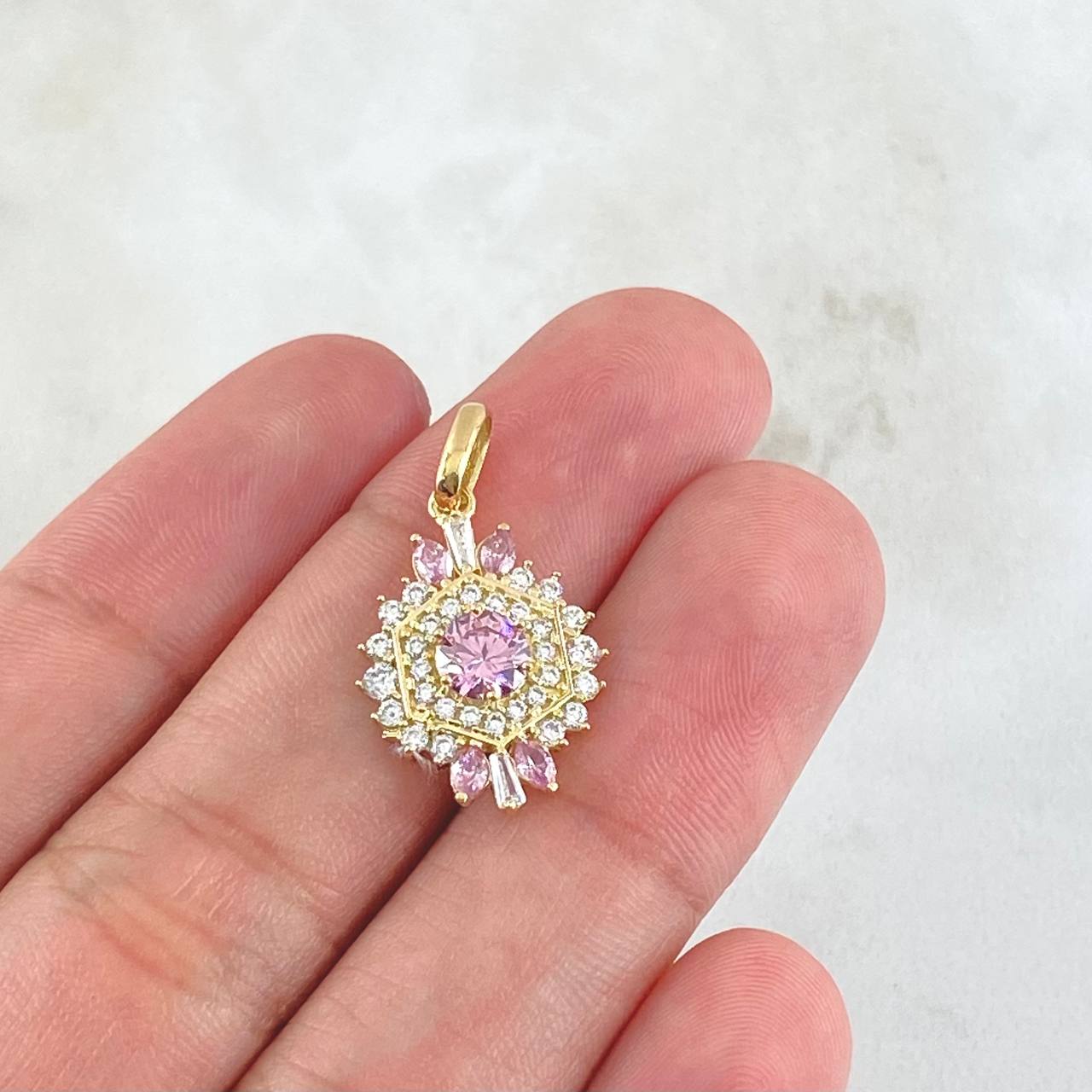 Nevada Hexagonal Set - Stud Earrings 1.7cm - Pendant 2.5cm - Ring Size 6 7.9 White Zirconia Pink Mother of Pearl Special 18K Gold ©
