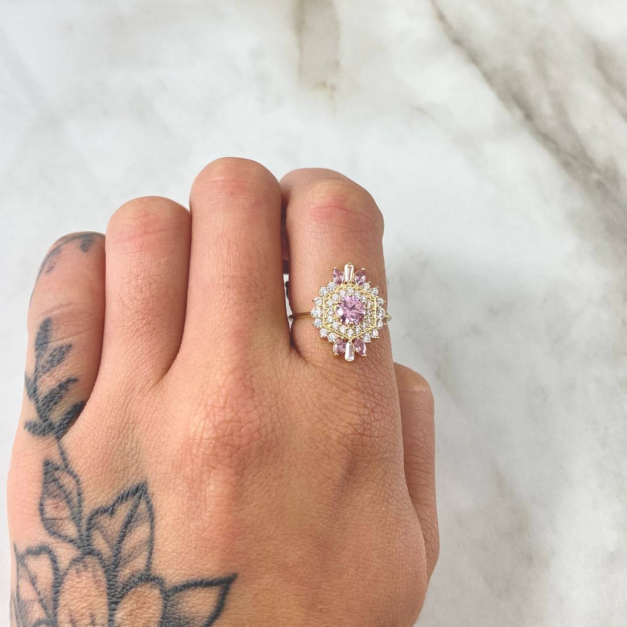 Nevada Hexagonal Set - Stud Earrings 1.7cm - Pendant 2.5cm - Ring Size 6 7.9 White Zirconia Pink Mother of Pearl Special 18K Gold ©