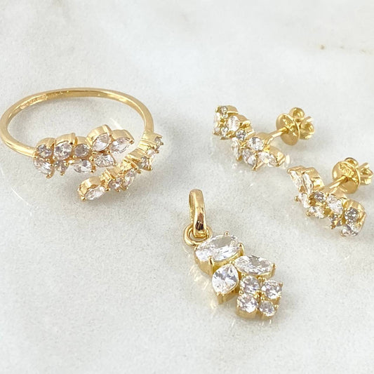 Set Espiga Seguida - Topos 1.2cm - Dije 2cm - Anillo T7 1/4 6.1 Circones Blancos  Nac.Esp. Oro 18K ©