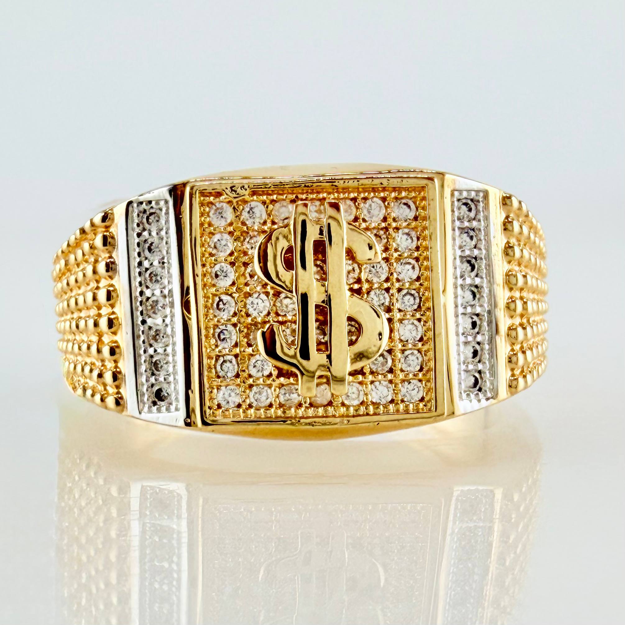 Anillo Sello Signo Dólar 7.25gr / T10 1/2 / Dos Oros Amarillo Blanco 18K *