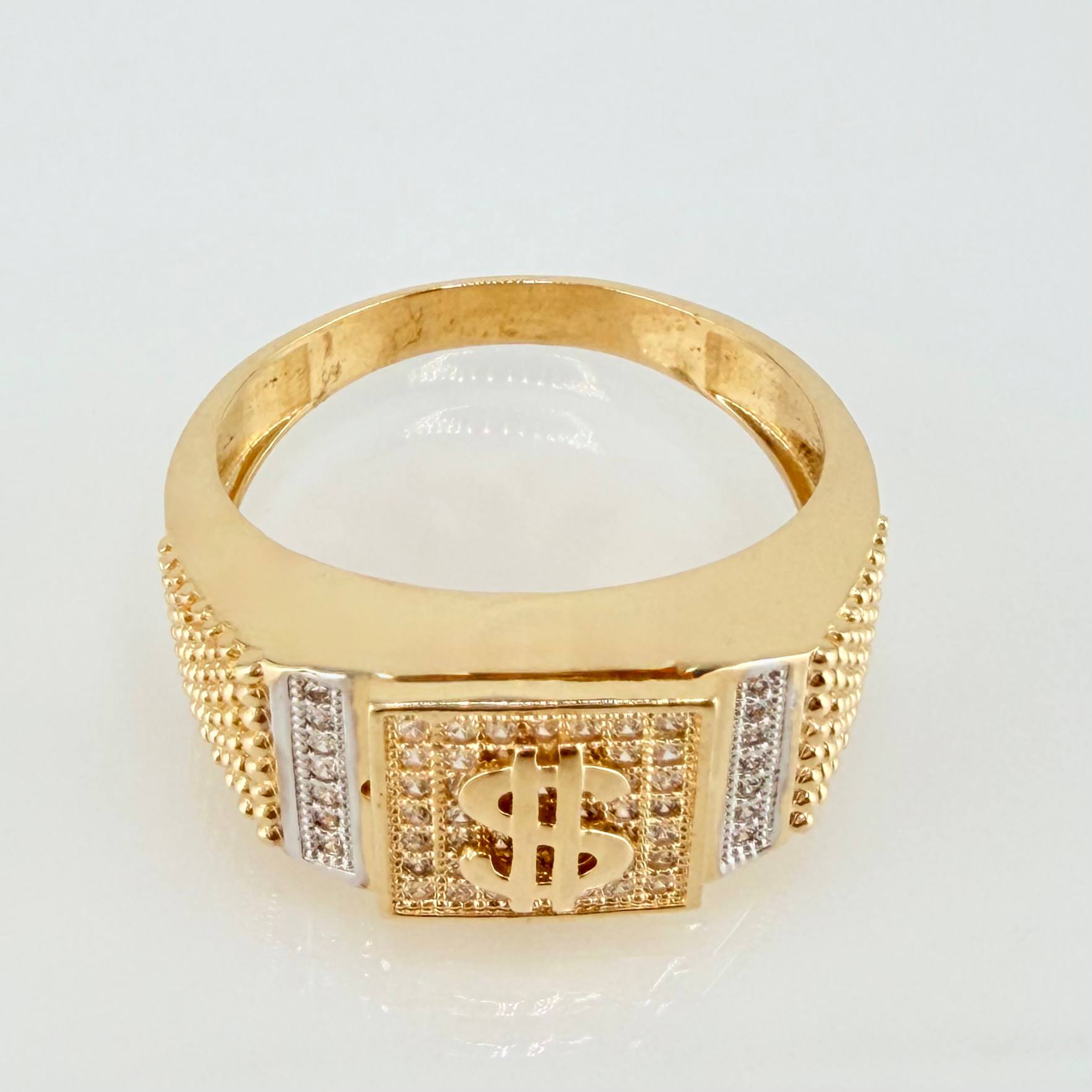 Anillo Sello Signo Dólar 7.25gr / T10 1/2 / Dos Oros Amarillo Blanco 18K *