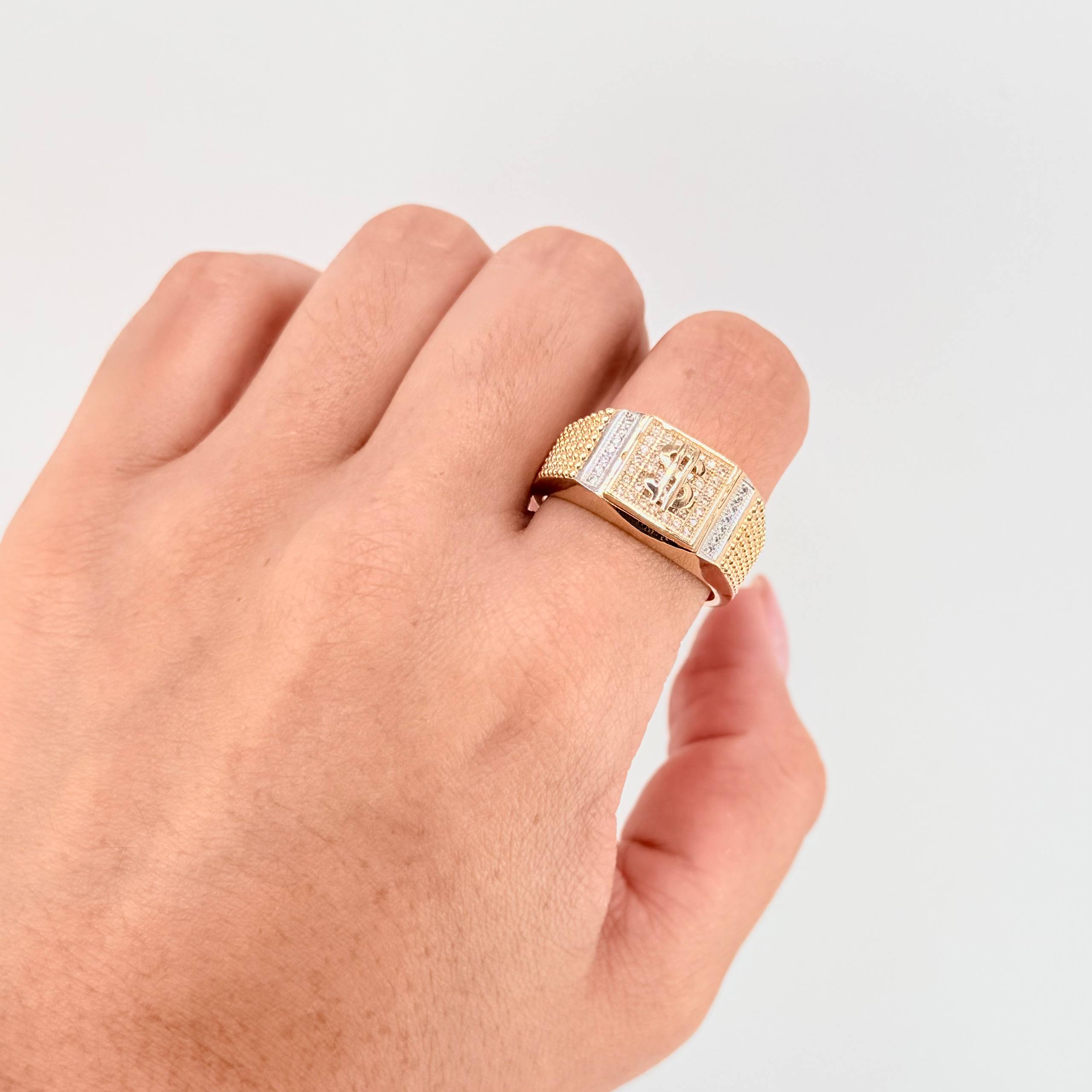 Anillo Sello Signo Dólar 7.25gr / T10 1/2 / Dos Oros Amarillo Blanco 18K *