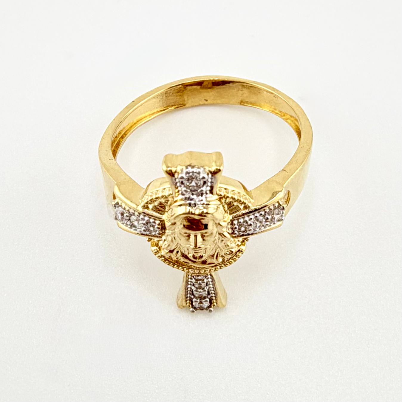 Anillo Cruz Rostro Jesus 3.65gr / T6 1/2 / Dos Oros Amarillo Blanco 18K ©
