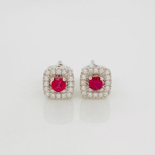 Stud Earrings Halo Square Ruby 25 Pts 1.75 g / in / 6.6 mm Silver 925