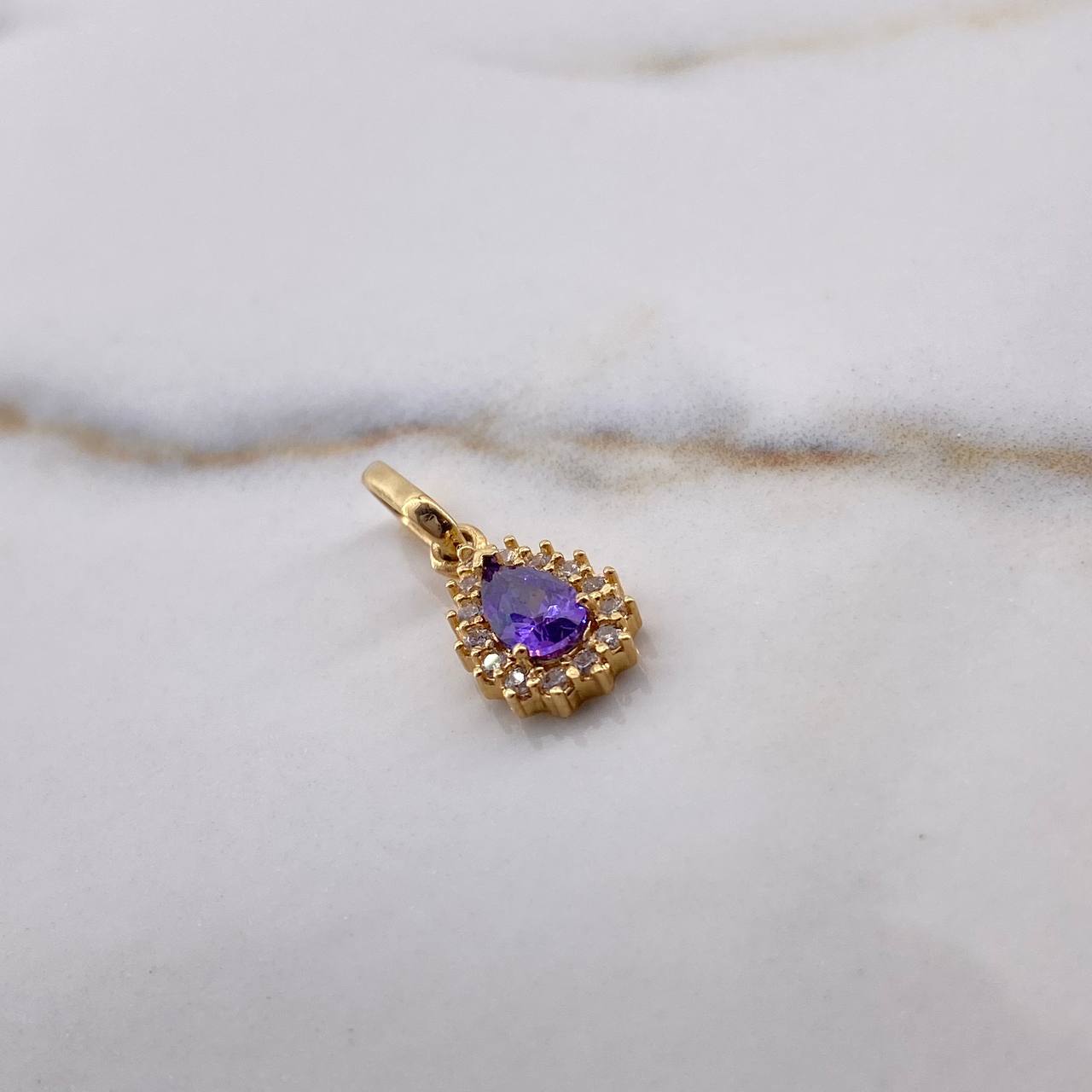 Pendant Halo Drop 1.2gr / 1.8cm / Purple White Zircons 18K Yellow Gold #