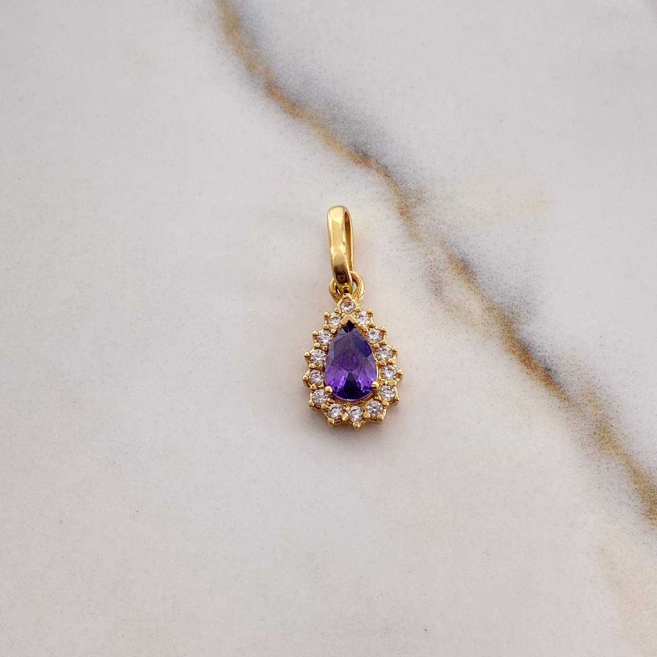 Pendant Halo Drop 1.2gr / 1.8cm / Purple White Zircons 18K Yellow Gold #