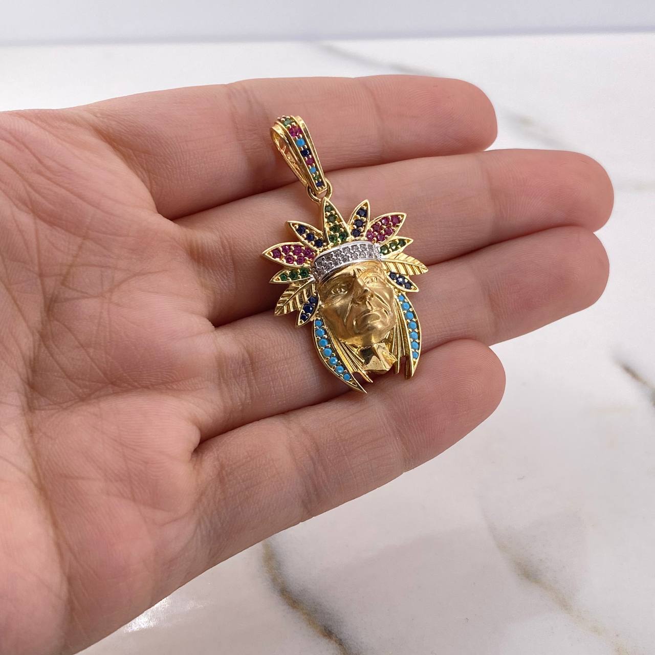 Pendant Indian 6.05gr / 3.9cm / Blue Green Fuchsia White Zircons 18K Yellow Gold $