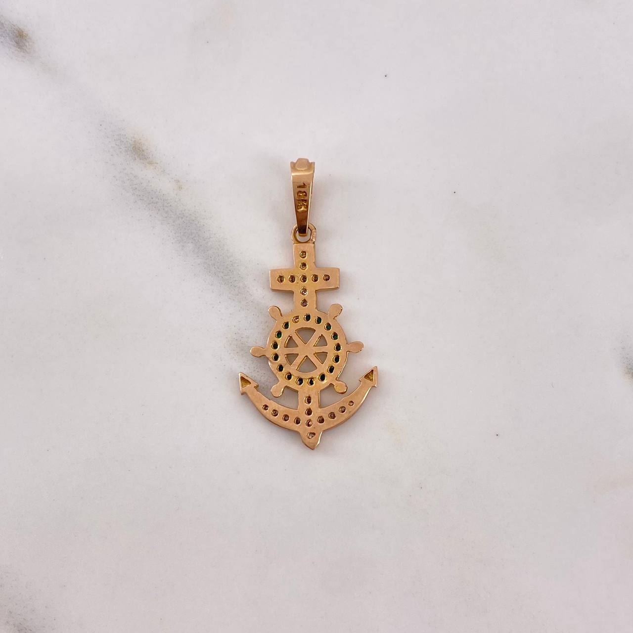 Pendant Anchor Rudder 2.65gr / 3.5cm / White Green Zircons 18K Rose Gold #