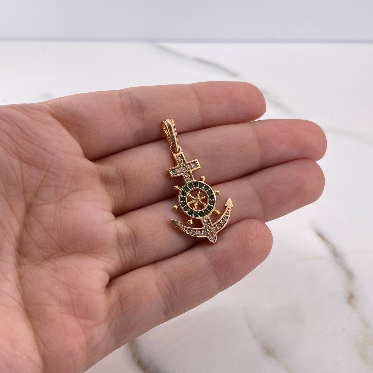 Pendant Anchor Rudder 2.65gr / 3.5cm / White Green Zircons 18K Rose Gold #