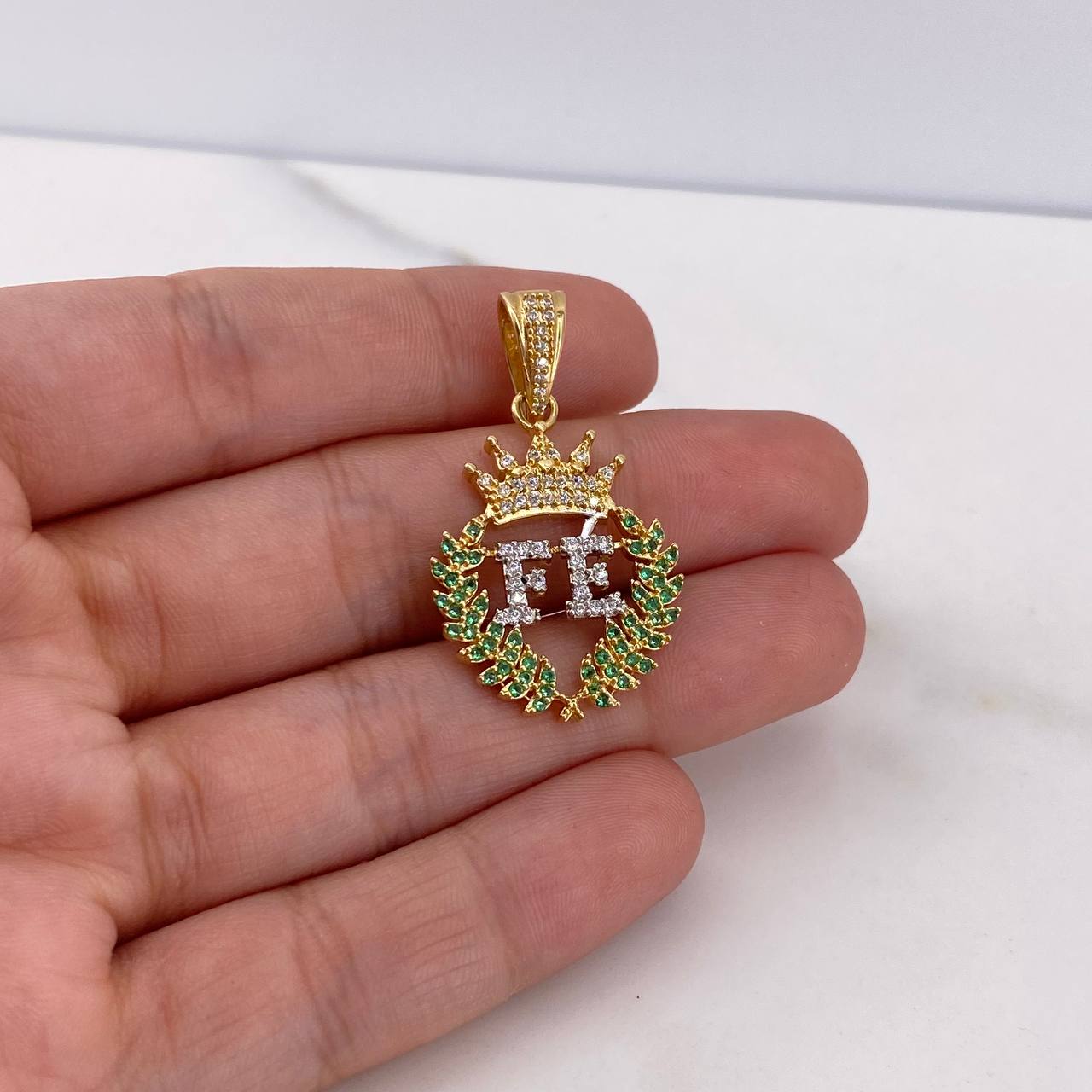 Pendant Faith Corona 4.9gr / 3.4cm / White and Green Zircons Two-tone 18K Yellow and White Gold #