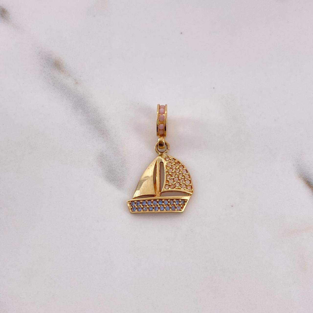 Pendant Boat 2.45gr / 2.6cm / Pink Blue White Zircons 18K Yellow Gold #