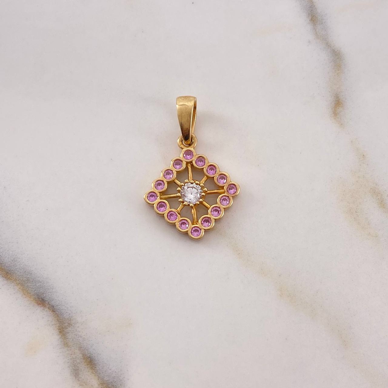 Pendant Rhombus 2.95gr / 2.5cm / Pink Zircons White Yellow Gold 18K #