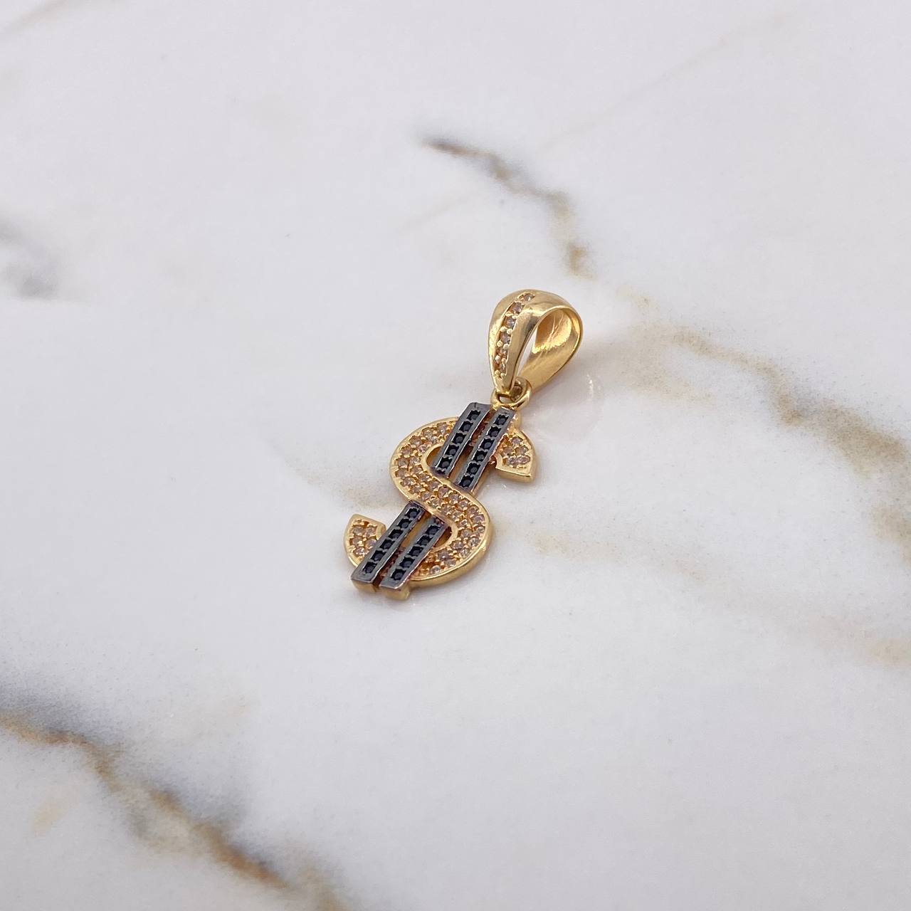 Pendant Dollar Sign 2.7gr / 3cm / Black and White Zircons 18K Yellow Gold #