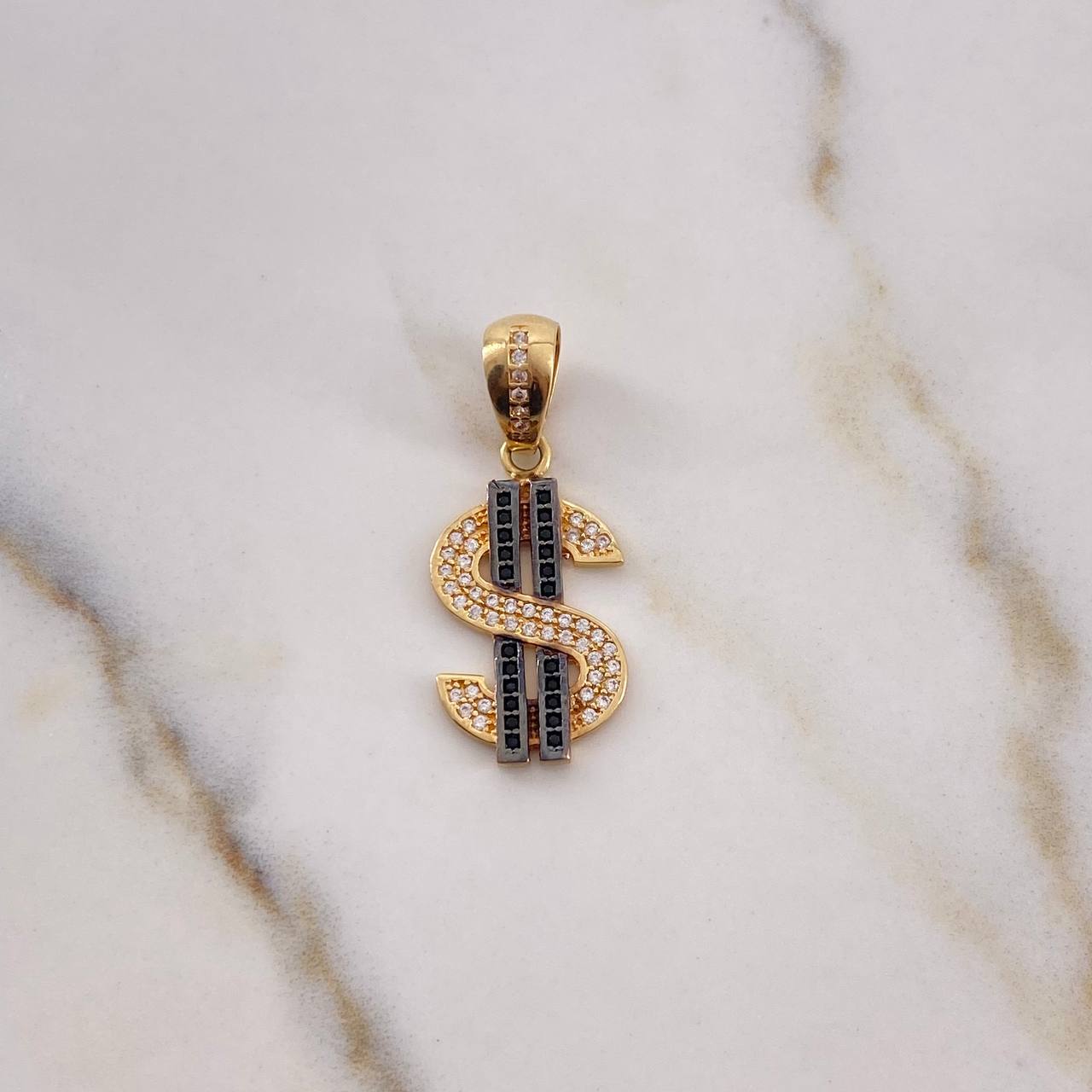Pendant Dollar Sign 2.7gr / 3cm / Black and White Zircons 18K Yellow Gold #