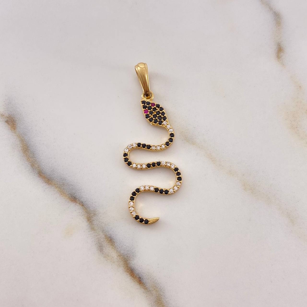 Pendant Snake 1.9gr / 3.9cm / Black Fuchsia White Zircons 18K Yellow Gold &