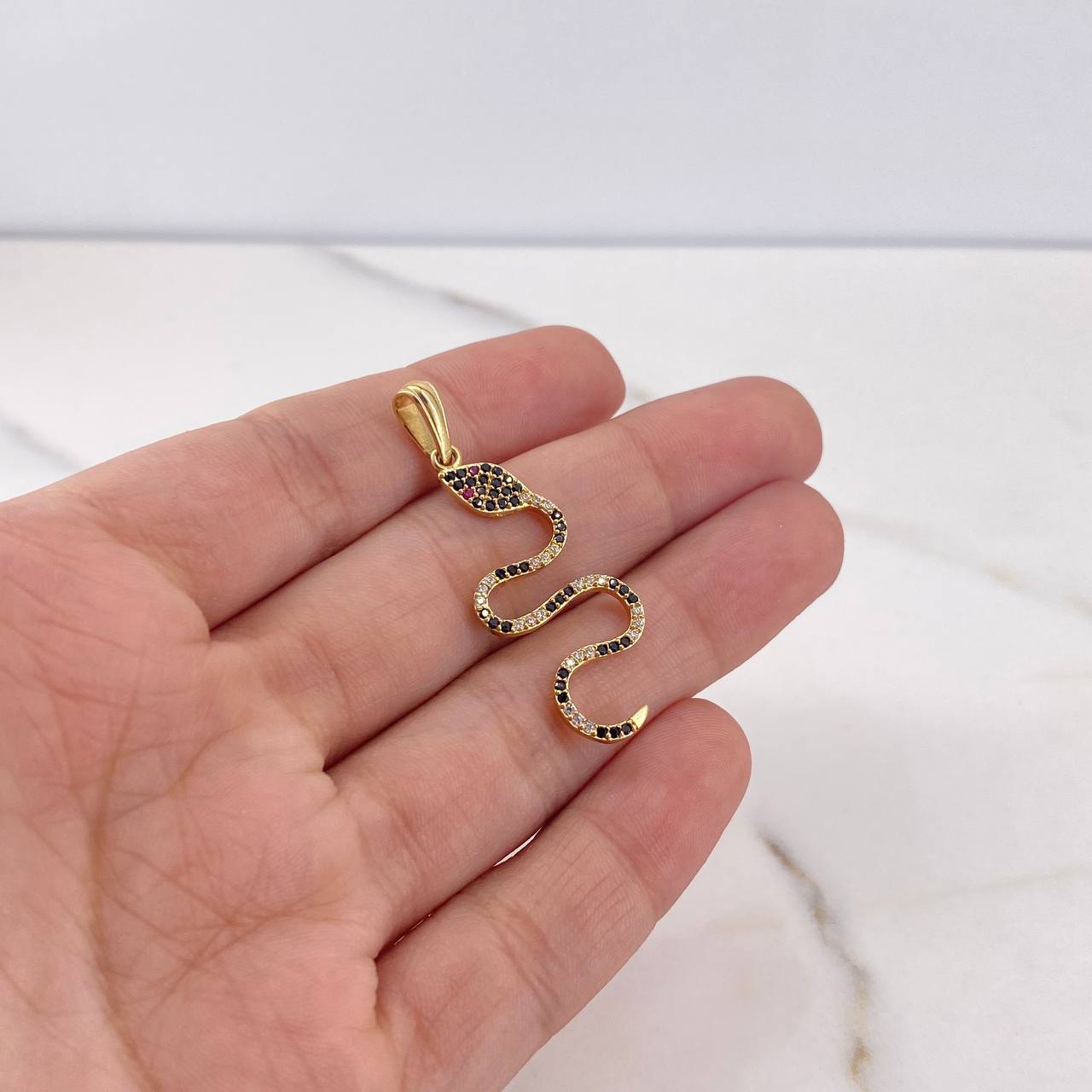 Pendant Snake 1.9gr / 3.9cm / Black Fuchsia White Zircons 18K Yellow Gold &