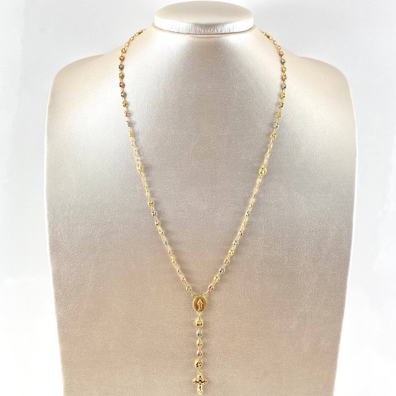 Rosario GC Virgen Milagrosa Cruz Tres Puntas 5.3gr / 50cm / 3mm-4mm Bolas Diamantadas Tres Oros 18K ©