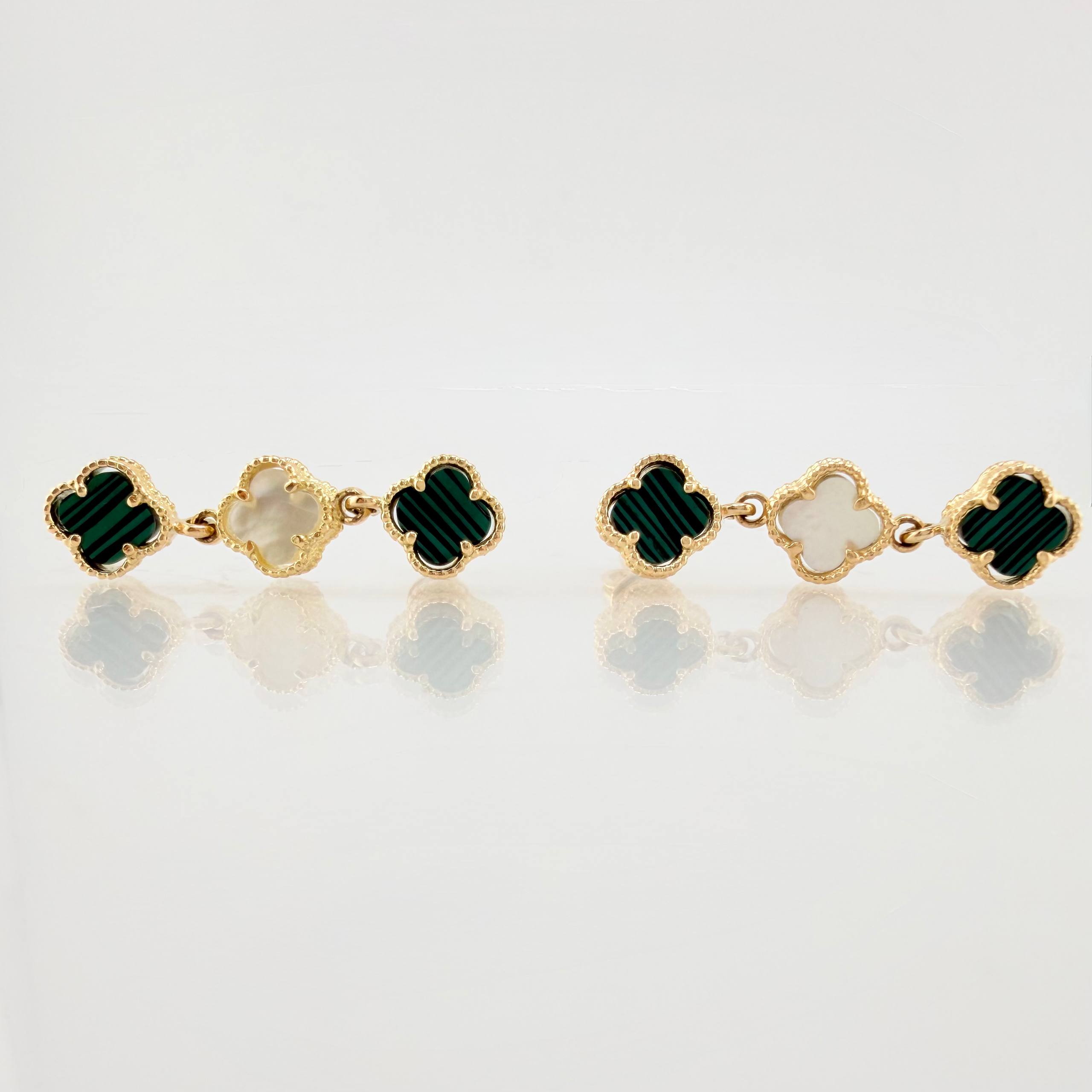 Topos Trebol Trio Malaquita Verde Nacar Blanco 4.9gr / 1 1/4 in / Oro Amarillo Nac.Esp. 18K