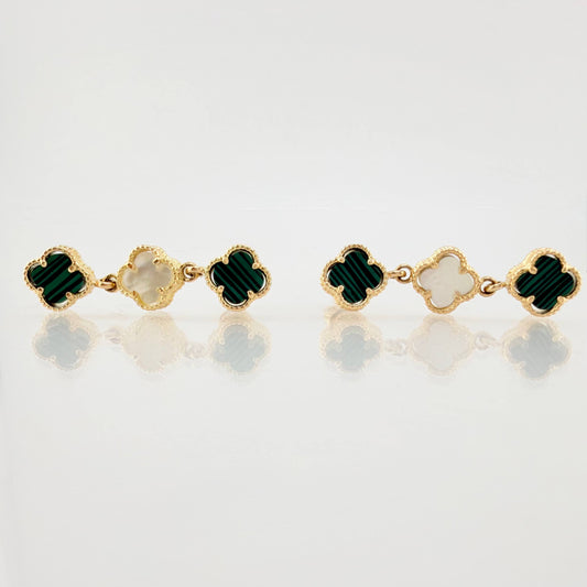 Topos Trebol Trio Malaquita Verde Nacar Blanco 4.9gr / 1 1/4 in / Oro Amarillo Nac.Esp. 18K
