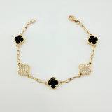 Pulso Trebol Onix Negro Circones Blancos 8gr / 7 in / 10.7mm Oro Amarillo Nac.Esp. 18K