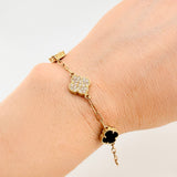 Pulso Trebol Onix Negro Circones Blancos 8gr / 7 in / 10.7mm Oro Amarillo Nac.Esp. 18K