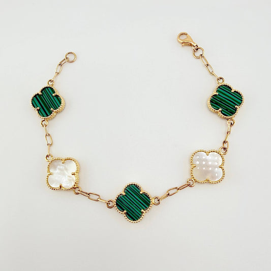 Pulso Trebol Nacar Blanco Malaquita Verde 9.05gr / 7 in / 13.8mm Oro Amarillo Nac.Esp. 18K