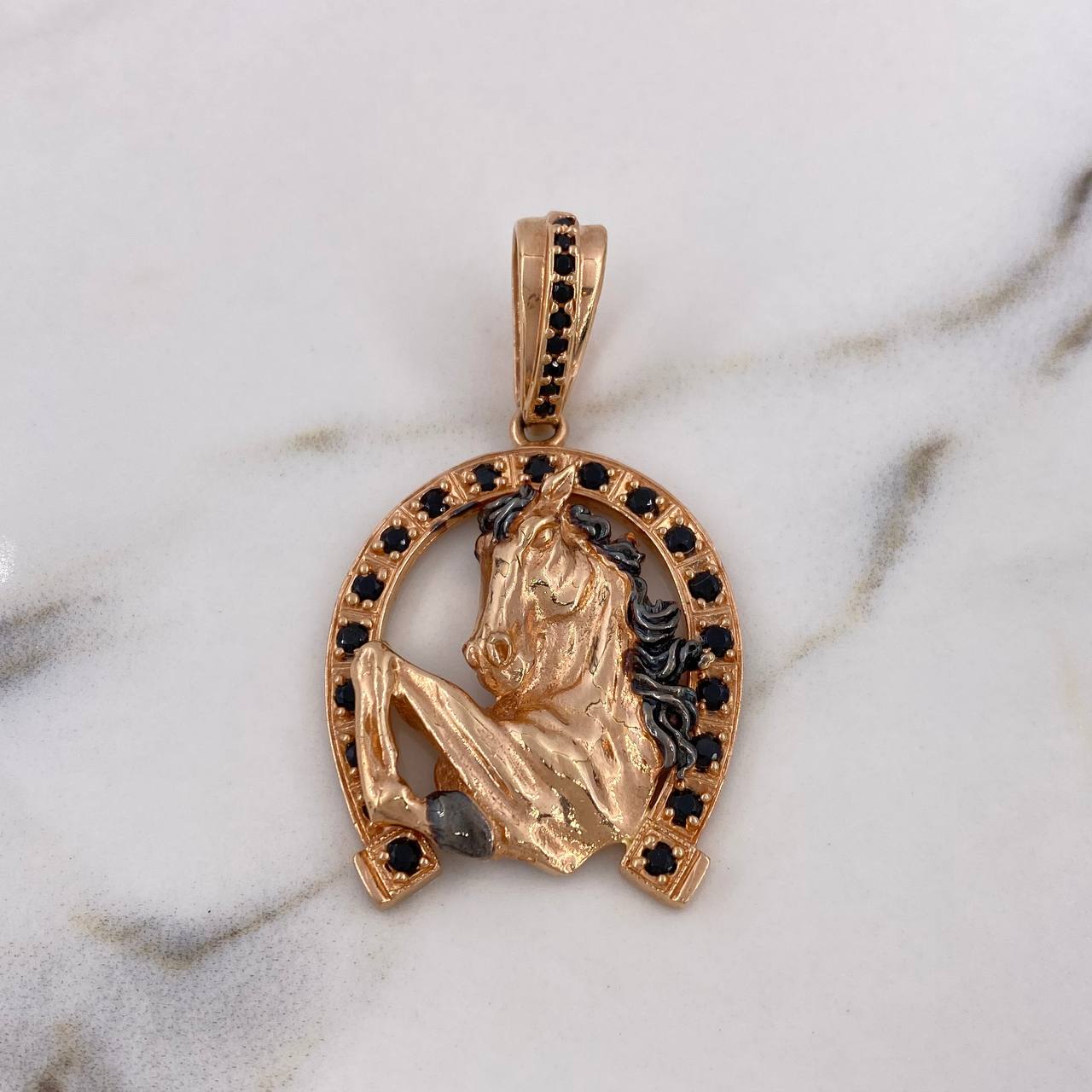 Pendant Horseshoe Horse 14.6gr / 5cm / Black Zircons 18K Rose Gold &
