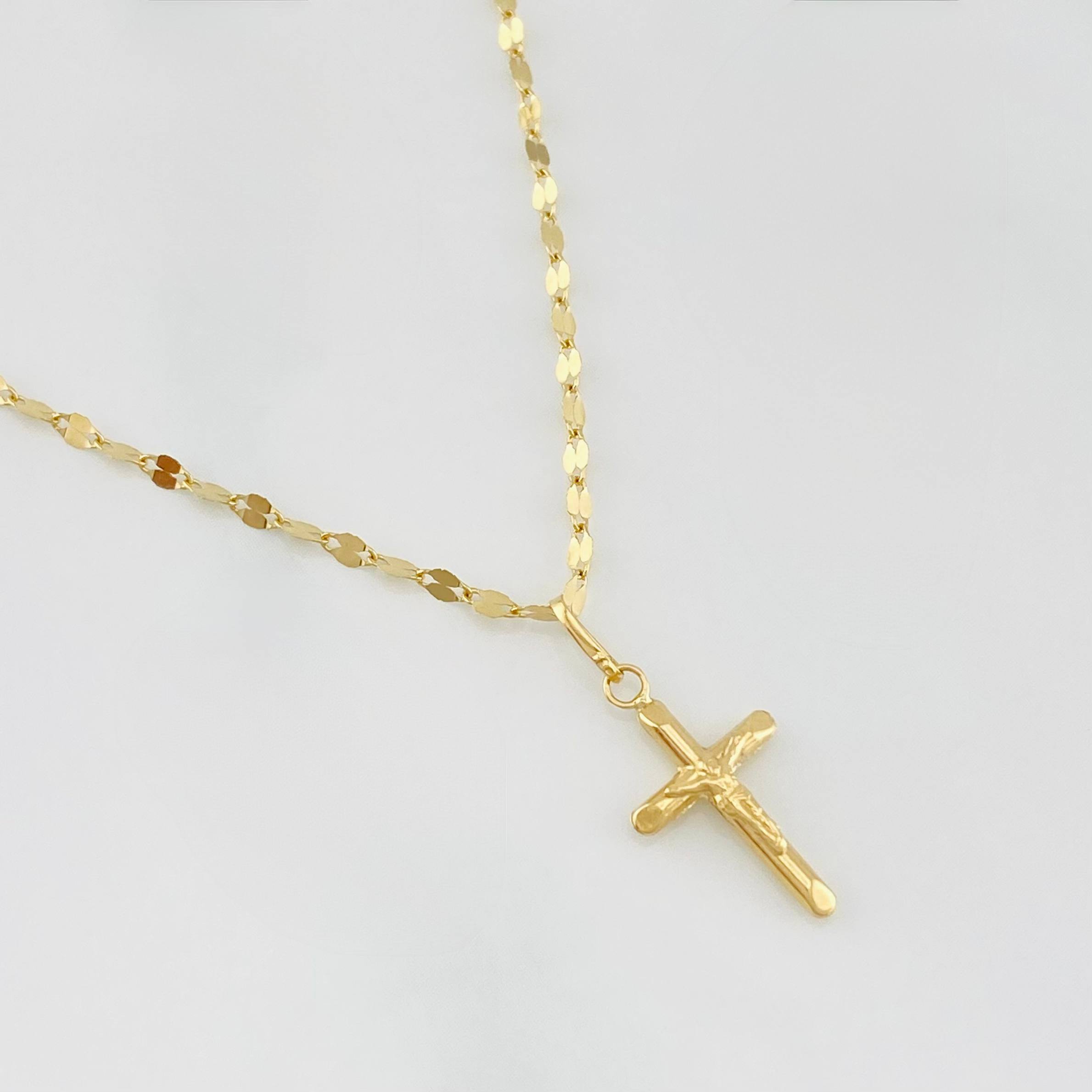 Set Mirror Flower Chain + Christ Cross Pendant / 1.35 g / 15 3/4 in 18K Yellow Gold