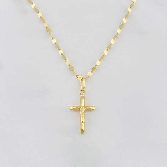 Set Cadena Flor Espejo + Dije Cruz Cristo / 1.35 g / 15 3/4 in Oro Amarillo 18K