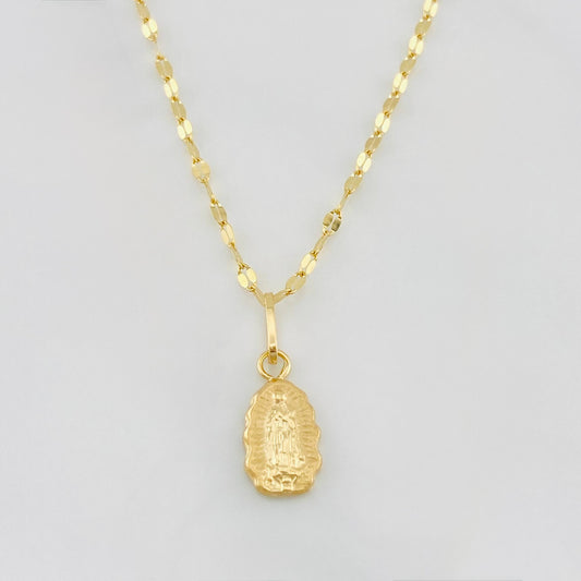Set Cadena Flor Espejo + Dije Virgen de Guadalupe / 1.45g / 16 in Oro Amarillo 18K
