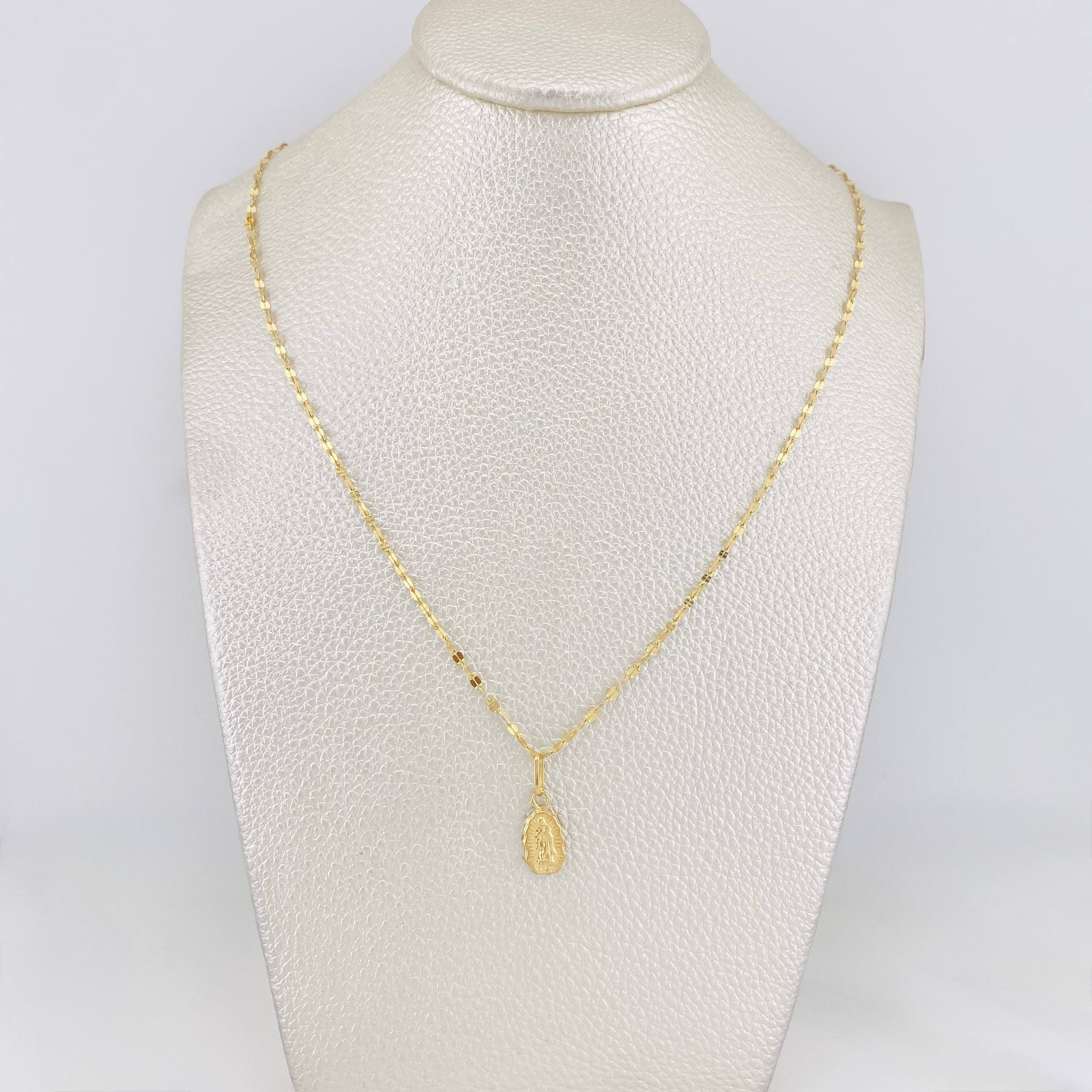 Set Mirror Flower Chain + Virgin of Guadalupe Pendant / 1.45g / 16 in Yellow Gold 18K