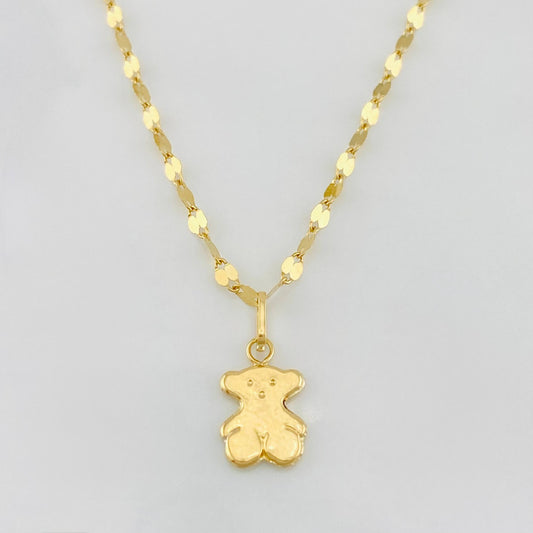 Set Cadena Flor Espejo + Dije Oso Ts / 1.35 g / 15 3/4 in Oro Amarillo 18K