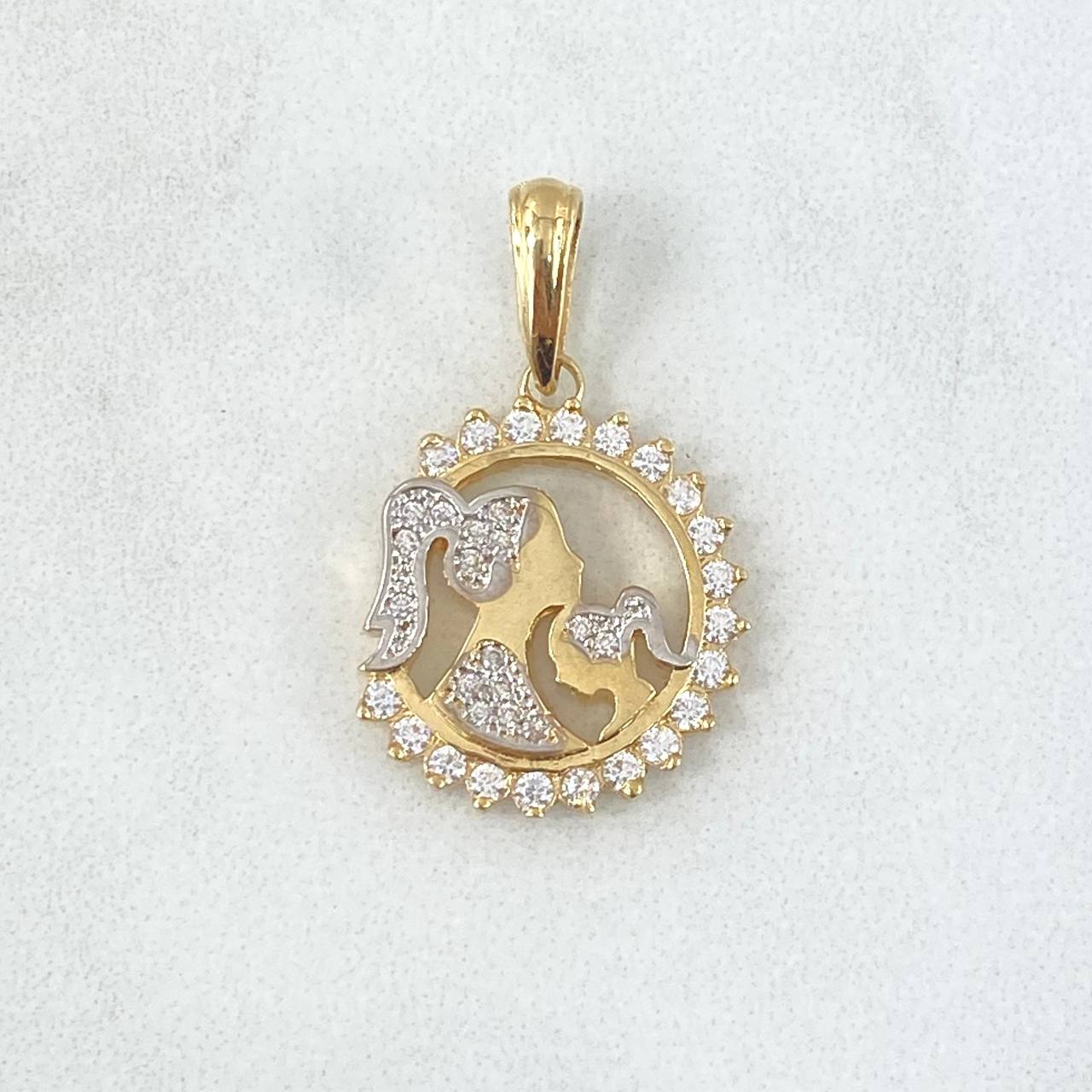 Dije Medalla Madre E Hija 3.1gr / 2.7cm / Circones Blancos Oro Amarillo 18K *