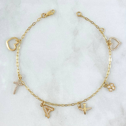 Bracelet Box 4.25gr / 21cm / "Heart - Clover - Airplane - Letter A - Cross - Heart" 18K Yellow Gold