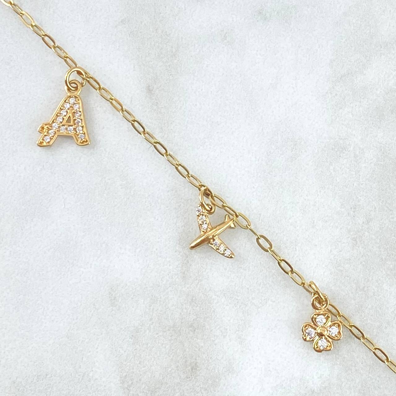 Bracelet Box 4.25gr / 21cm / "Heart - Clover - Airplane - Letter A - Cross - Heart" 18K Yellow Gold